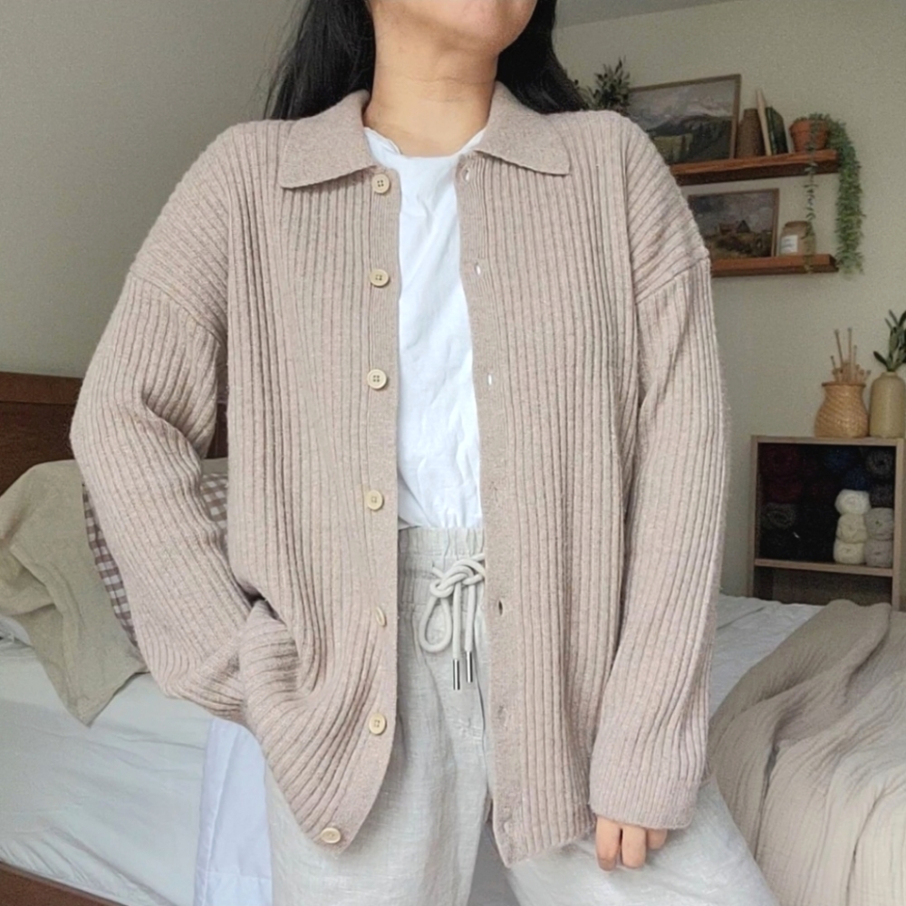 Quince 100% Cashmere Wide-Rib Oversized Collared Cardigan, Oatmeal Beige, S